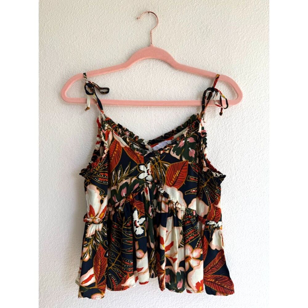Patrons of Peace Floral Tie Shoulder Ruffle Swing Cami Top size S
